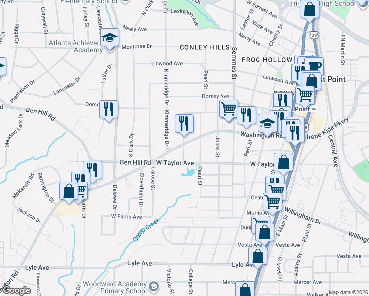 map of restaurants, bars, coffee shops, grocery stores, and more near 1925 Washington Road in East Point
