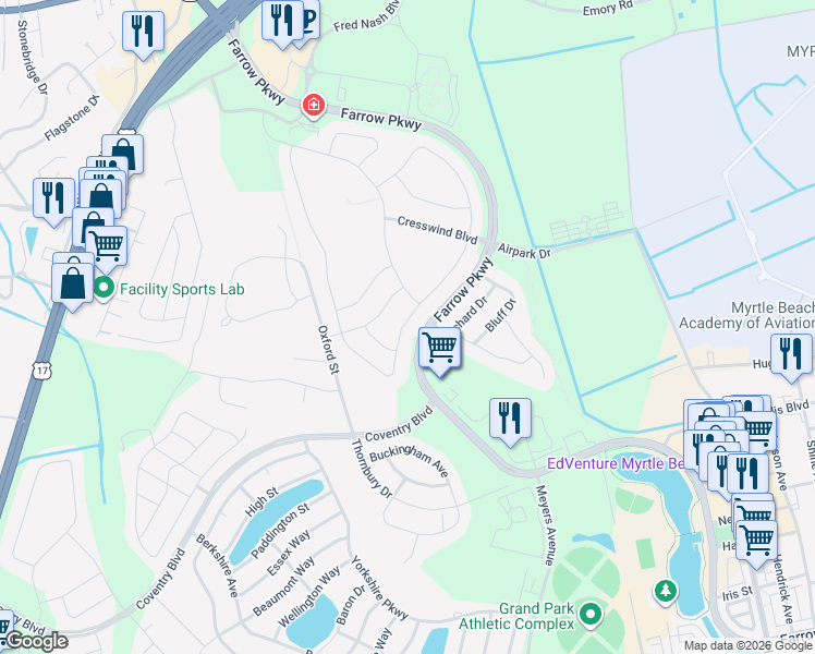 map of restaurants, bars, coffee shops, grocery stores, and more near 1749 Suncrest Drive in Myrtle Beach