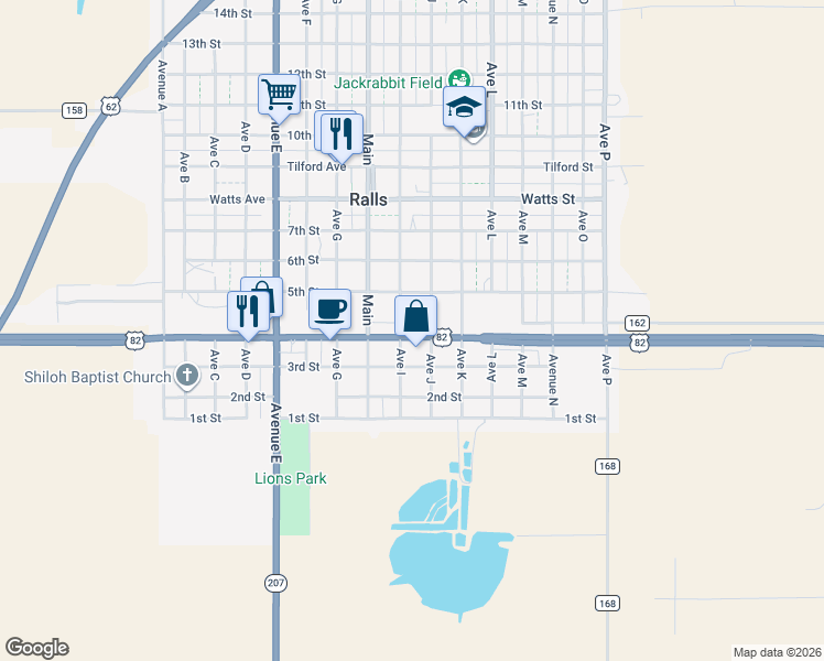 map of restaurants, bars, coffee shops, grocery stores, and more near 1082 U.S. 82 in Ralls