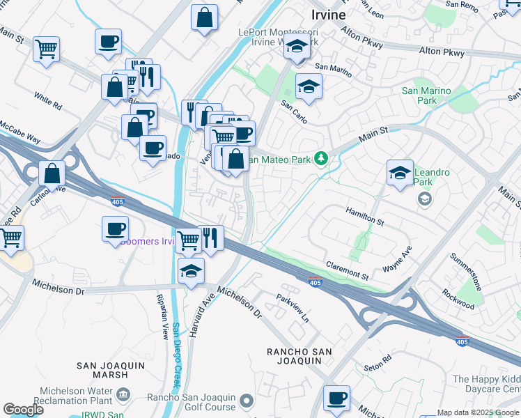 map of restaurants, bars, coffee shops, grocery stores, and more near in Irvine