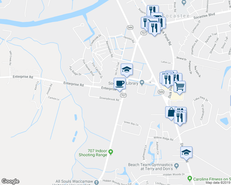 map of restaurants, bars, coffee shops, grocery stores, and more near 5703 Enterprise Road in Myrtle Beach