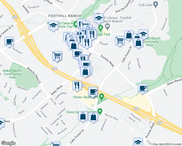 map of restaurants, bars, coffee shops, grocery stores, and more near 239 Primrose Drive in Lake Forest
