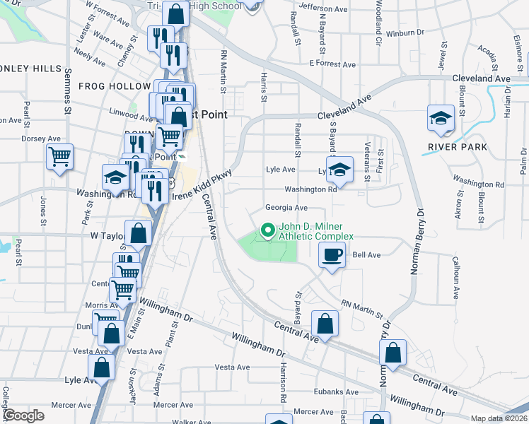 map of restaurants, bars, coffee shops, grocery stores, and more near 1422 Georgia Avenue in East Point