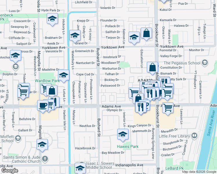 map of restaurants, bars, coffee shops, grocery stores, and more near 9565 Pettswood Drive in Huntington Beach