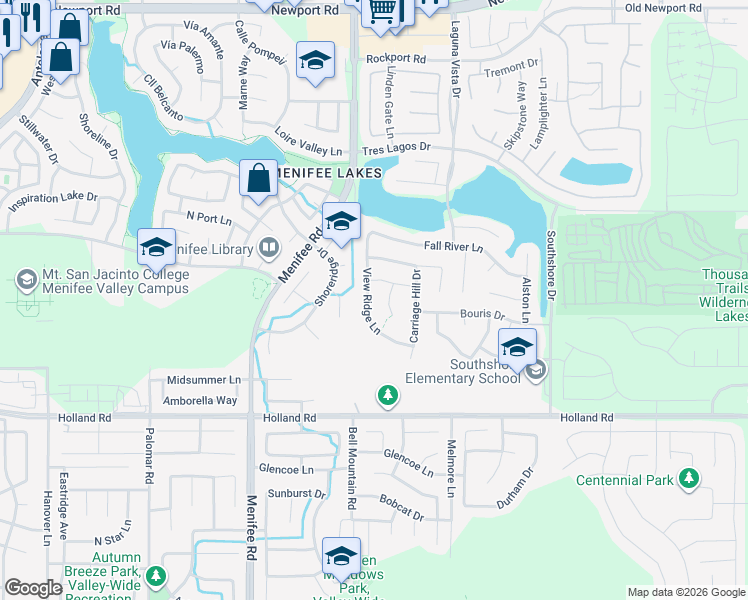 map of restaurants, bars, coffee shops, grocery stores, and more near 30712 View Ridge Lane in Menifee