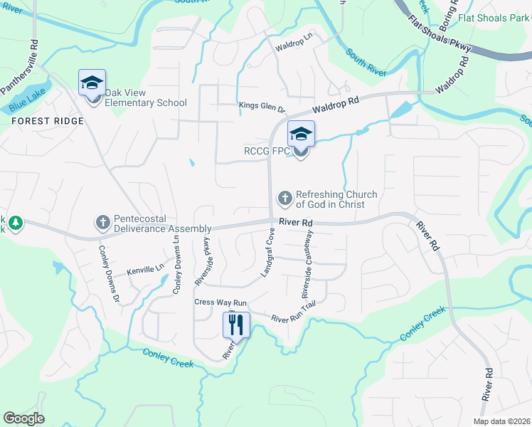 map of restaurants, bars, coffee shops, grocery stores, and more near 3322 River Road in Decatur