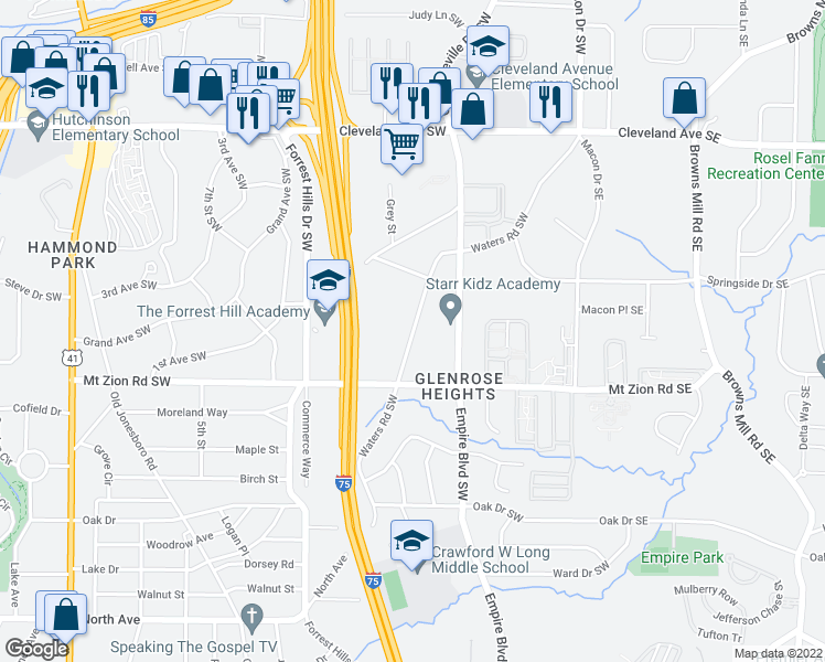 map of restaurants, bars, coffee shops, grocery stores, and more near Waters Road Southwest in Atlanta