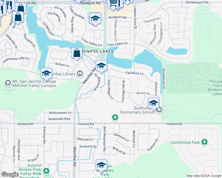 map of restaurants, bars, coffee shops, grocery stores, and more near 30712 View Ridge Lane in Menifee