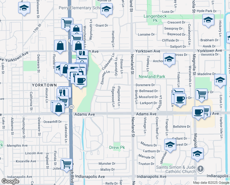 map of restaurants, bars, coffee shops, grocery stores, and more near 19822 Edgewood Lane in Huntington Beach