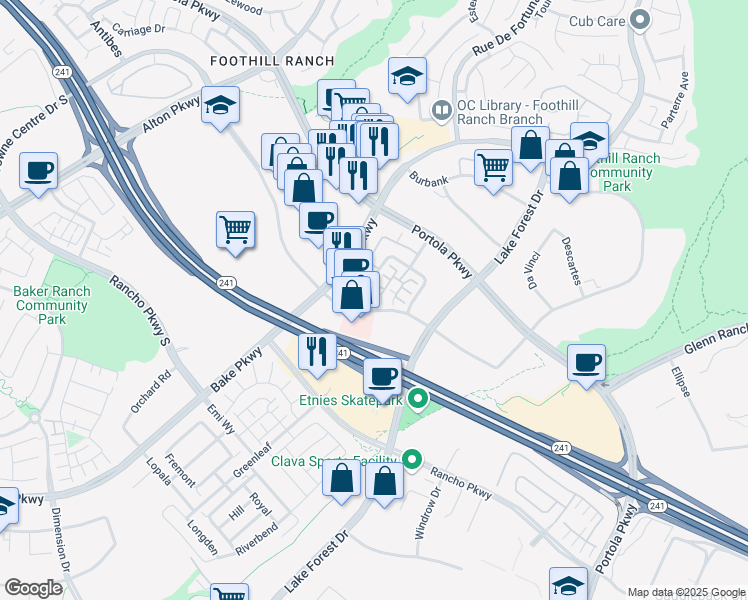 map of restaurants, bars, coffee shops, grocery stores, and more near 239 Primrose Drive in Lake Forest