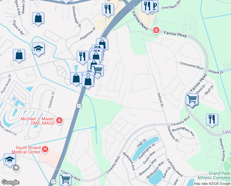 map of restaurants, bars, coffee shops, grocery stores, and more near 2705 Temperance Drive in Myrtle Beach