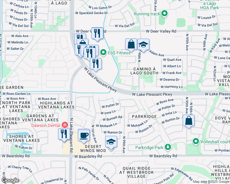 map of restaurants, bars, coffee shops, grocery stores, and more near 9963 West Lake Pleasant Parkway in Peoria