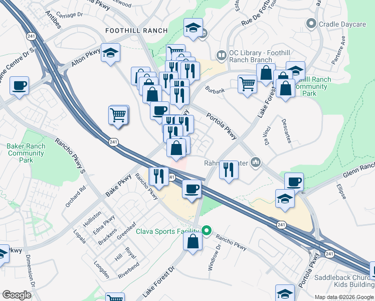 map of restaurants, bars, coffee shops, grocery stores, and more near 126 Primrose Drive in Lake Forest