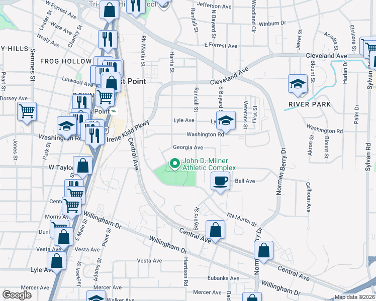 map of restaurants, bars, coffee shops, grocery stores, and more near 1382 Georgia Avenue in East Point