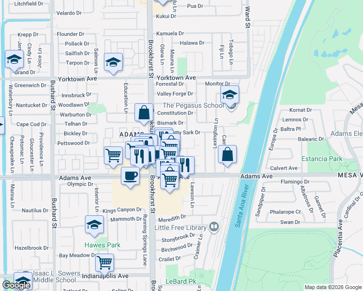 map of restaurants, bars, coffee shops, grocery stores, and more near 19828 Margate Lane in Huntington Beach