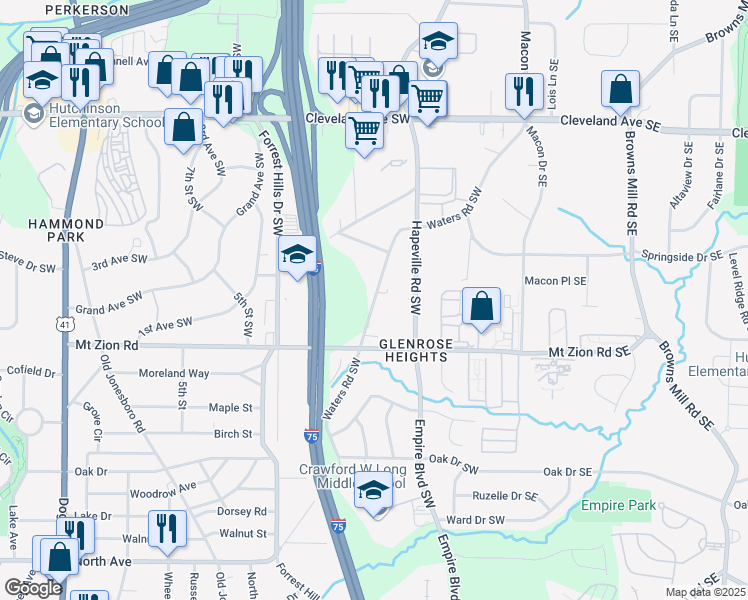 map of restaurants, bars, coffee shops, grocery stores, and more near 2949 Waters Road Southwest in Atlanta