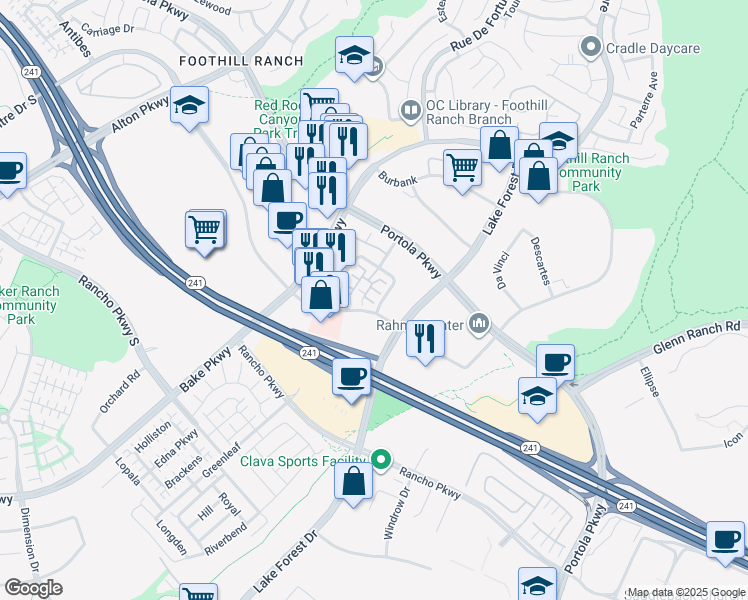 map of restaurants, bars, coffee shops, grocery stores, and more near 131 Primrose Drive in Lake Forest