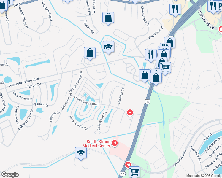 map of restaurants, bars, coffee shops, grocery stores, and more near 3983 Gladiola Court in Myrtle Beach