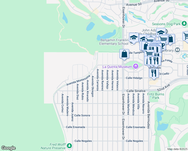 map of restaurants, bars, coffee shops, grocery stores, and more near 51480 Avenue Obregon in La Quinta