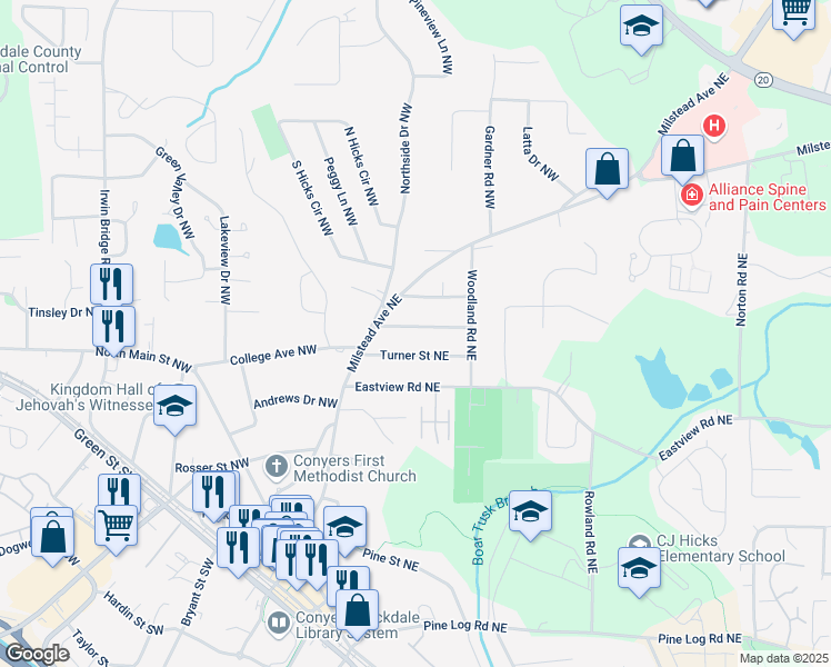 map of restaurants, bars, coffee shops, grocery stores, and more near 1043 McCalla Street Northeast in Conyers