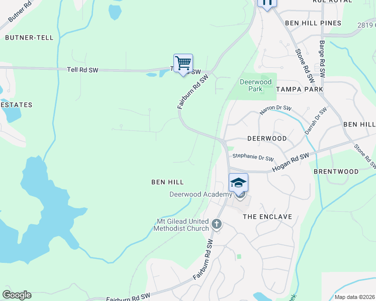 map of restaurants, bars, coffee shops, grocery stores, and more near 2855 Fairburn Place Southwest in Atlanta