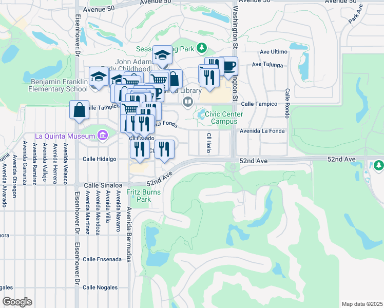 map of restaurants, bars, coffee shops, grocery stores, and more near 78270 Avenue Nuestra in La Quinta