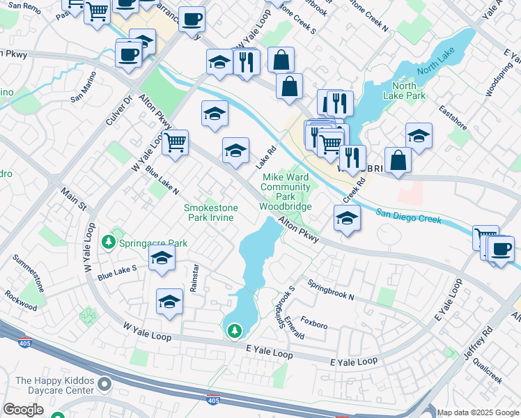 map of restaurants, bars, coffee shops, grocery stores, and more near 21 Bayside in Irvine