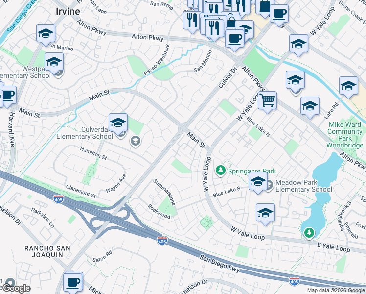 map of restaurants, bars, coffee shops, grocery stores, and more near 30 Fox Hollow in Irvine