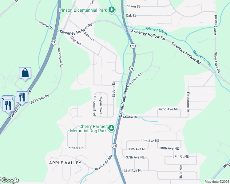 map of restaurants, bars, coffee shops, grocery stores, and more near 205 Saint John Drive in Birmingham