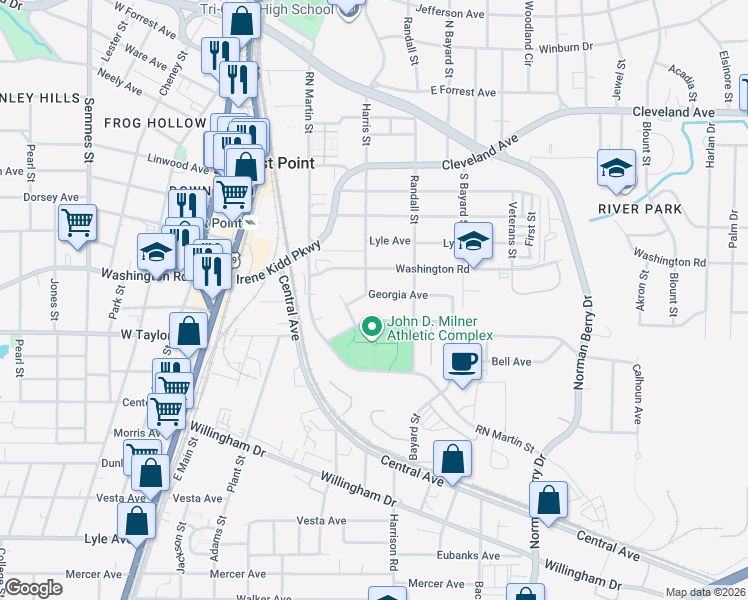 map of restaurants, bars, coffee shops, grocery stores, and more near 1414 Georgia Avenue in East Point