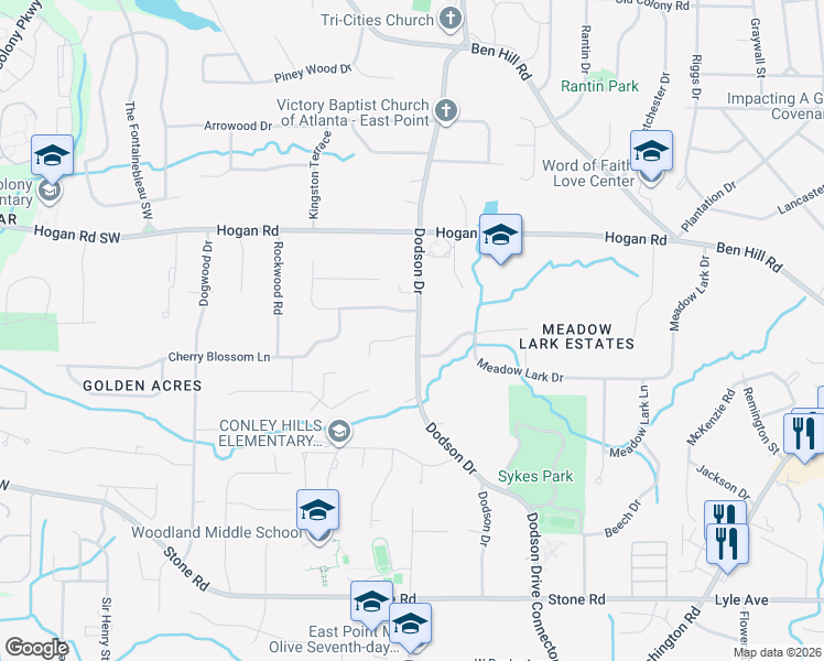 map of restaurants, bars, coffee shops, grocery stores, and more near 2962 Dodson Drive in East Point