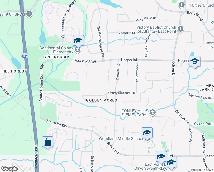 map of restaurants, bars, coffee shops, grocery stores, and more near 20 Pine Canyon Drive Southwest in Atlanta