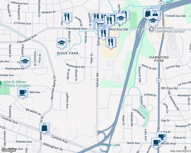map of restaurants, bars, coffee shops, grocery stores, and more near 2943 Sylvan Rd in East Point