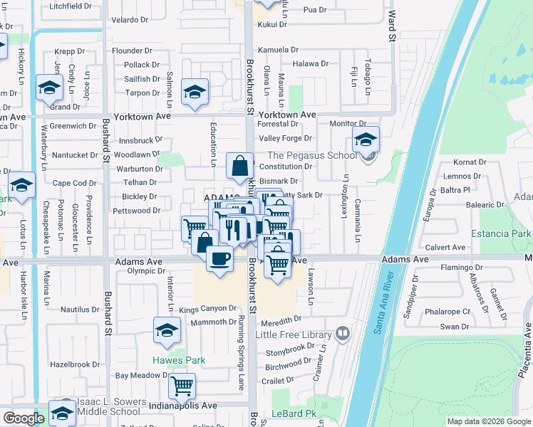 map of restaurants, bars, coffee shops, grocery stores, and more near 19822 Brookhurst Street in Huntington Beach