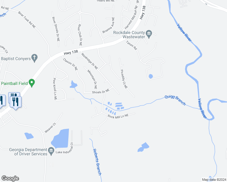 map of restaurants, bars, coffee shops, grocery stores, and more near 2440 Windridge Drive Northeast in Conyers