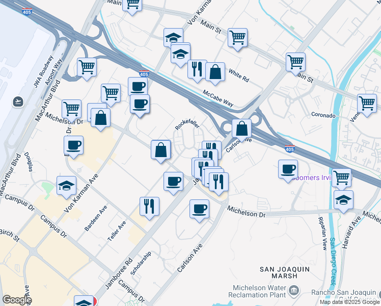 map of restaurants, bars, coffee shops, grocery stores, and more near 21 Gramercy in Irvine