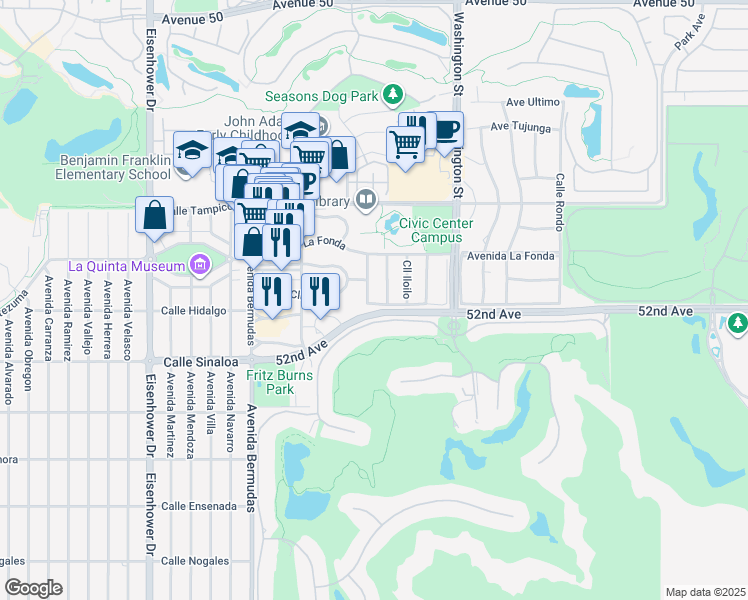 map of restaurants, bars, coffee shops, grocery stores, and more near 78270 Avenue Nuestra in La Quinta
