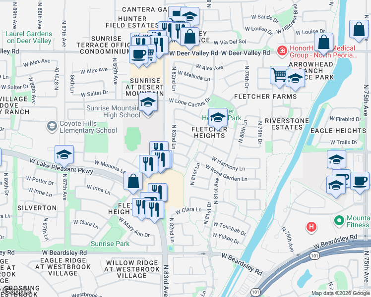 map of restaurants, bars, coffee shops, grocery stores, and more near 8234 West Harmony Lane in Peoria