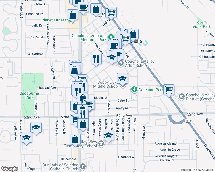 map of restaurants, bars, coffee shops, grocery stores, and more near 1120 Date Avenue in Coachella