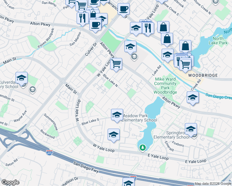 map of restaurants, bars, coffee shops, grocery stores, and more near 2485 McCabe Way in Irvine