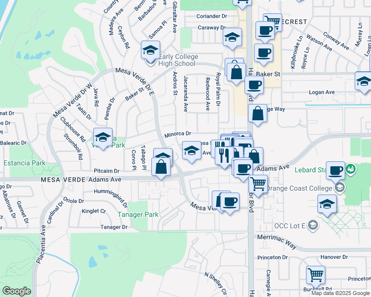 map of restaurants, bars, coffee shops, grocery stores, and more near 1641 Murano Place in Costa Mesa
