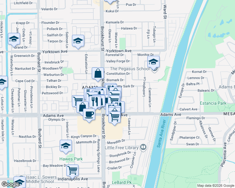 map of restaurants, bars, coffee shops, grocery stores, and more near 19822 Brookhurst Street in Huntington Beach