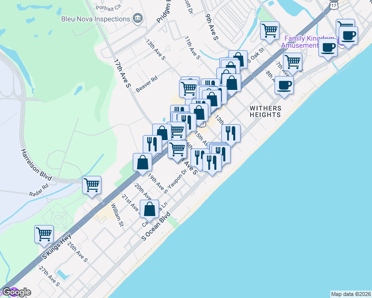 map of restaurants, bars, coffee shops, grocery stores, and more near 1611 South Kings Highway in Myrtle Beach