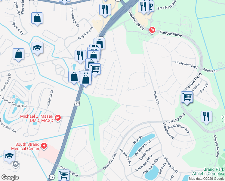 map of restaurants, bars, coffee shops, grocery stores, and more near 2705 Temperance Drive in Myrtle Beach