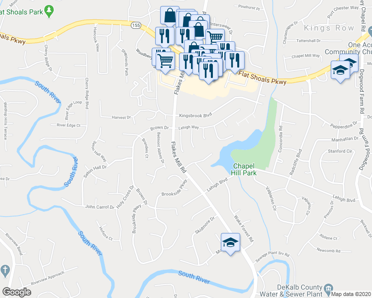 map of restaurants, bars, coffee shops, grocery stores, and more near 3657 Platina Park Court in Decatur