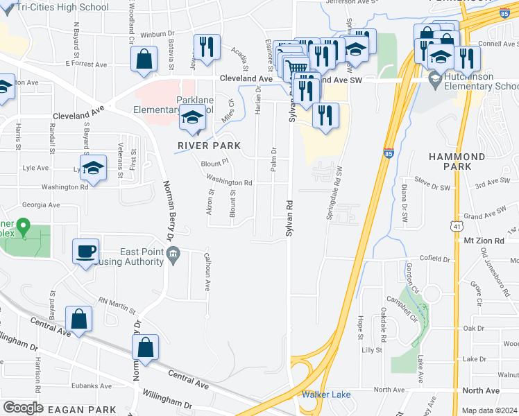 map of restaurants, bars, coffee shops, grocery stores, and more near 2931 Palm Drive in East Point