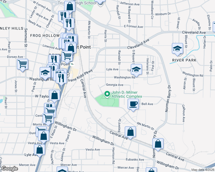 map of restaurants, bars, coffee shops, grocery stores, and more near 1414 Georgia Avenue in East Point