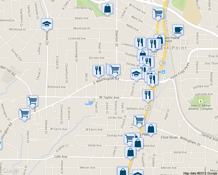 map of restaurants, bars, coffee shops, grocery stores, and more near 2948 Jones Street in East Point