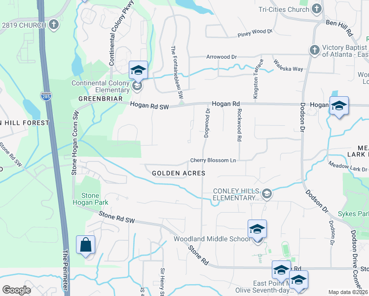 map of restaurants, bars, coffee shops, grocery stores, and more near Pine Canyon Drive Southwest in Atlanta