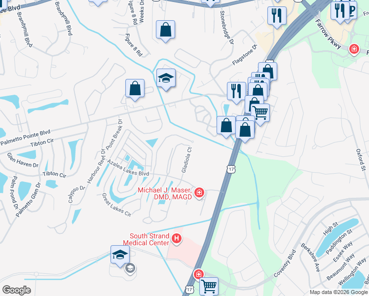 map of restaurants, bars, coffee shops, grocery stores, and more near 3931 Gladiola Court in Myrtle Beach
